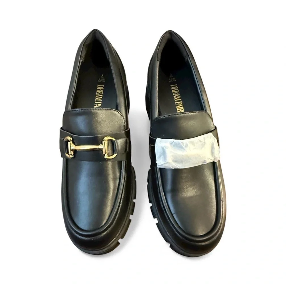Dream Pairs Black Chunky Platform Loafers‎ Gold Chain Detail Women's Size 7 NWOB - Picture 3 of 5